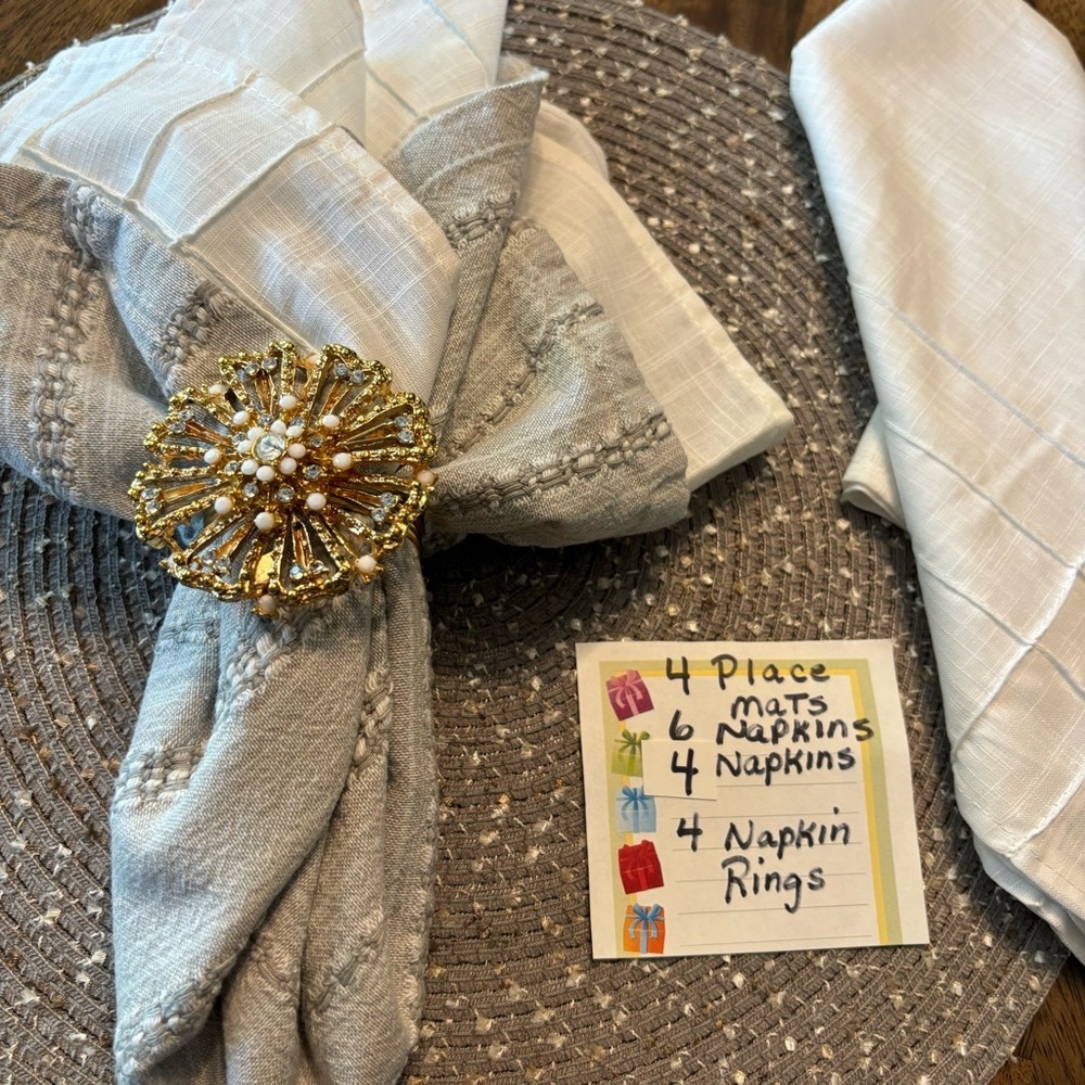 Pier 1 Elegant 18 Pc 4 place table setting tan white gold embellished